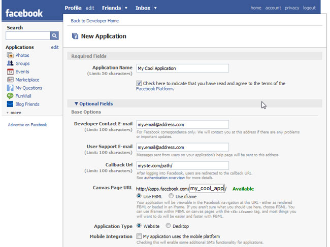 Setup a Facebook application Setup a Facebook application